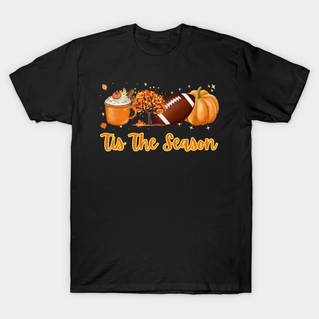 Tis The Season, Fall Tree, Football, Pumpkin, Coffee Design T-Shirt by Teesquares